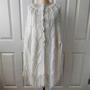Handmade Poncho Open Knit White Fringe Boho Asymmetric Hem Fairy Cottage Whimsy